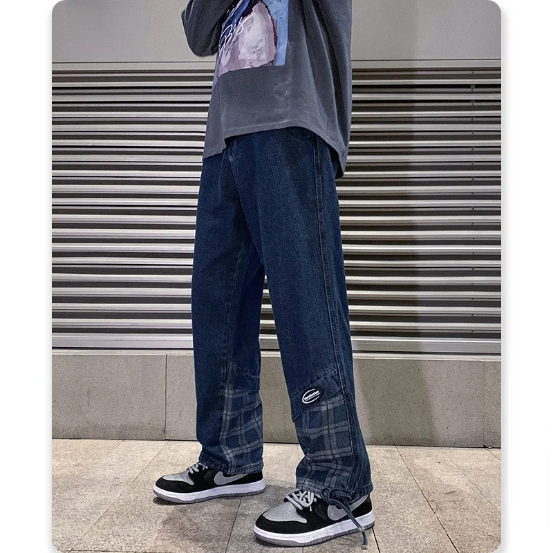 

Spring New Men Jeans Plaid Casual Large Size Vintage Straight Leg Pants Streetwear Hip Hop Loose Blue Patchwork Denim Trousers