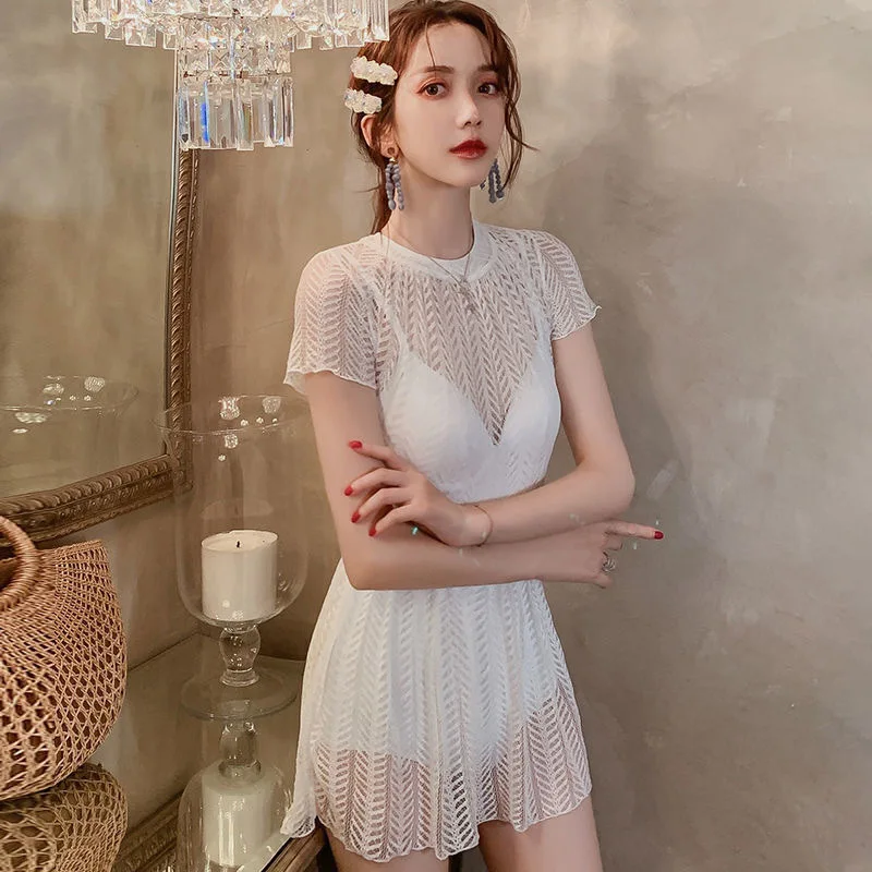 

2023 New Fashion Korea Style One Piece Women Swimsuit Lace Skirt Hot Spring Conservative Fairy Oliday Beachwear Swimwear