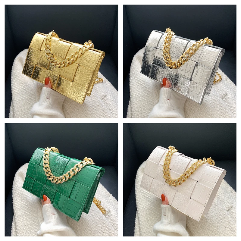 

Fashion Design Crocodile Pattern Pu Leather Women's Shoulder Bag Gold Thick Chain Small Square Flap Bag Female Woven Evening Bag
