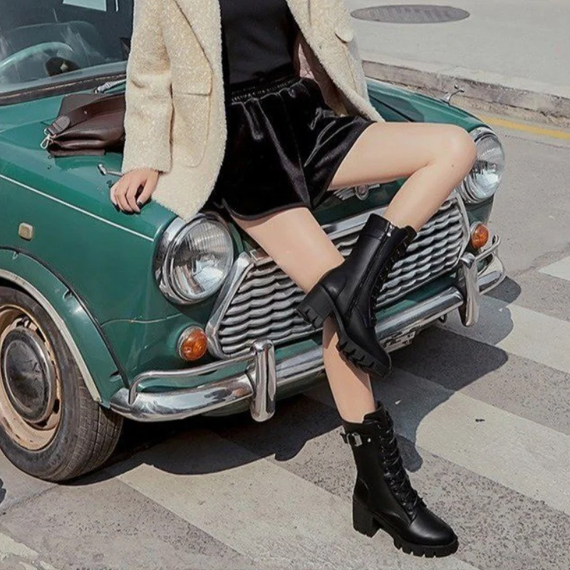 New Winter Boots Women Knee High Long Boots Leather Fashion Lace-Up Snow Boots Non-Slip Black Boots Shoes 2023 New