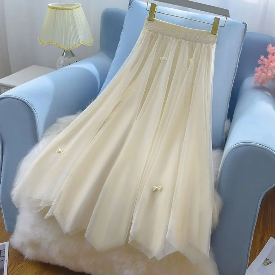 

2022 Spring Summer High-Waisted Skirt Gauze Midi Long Skirts Irregula A-Line Fairycore All-Match Korean Fashion Falda Mujer
