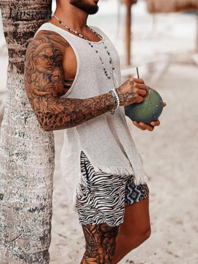 

Fashion Vest Solid Men Sleeveless Design Tank Summer Slit Knitted Tops O-neck Top Men Casual Pullover Vintage Shirt Loose Ripped