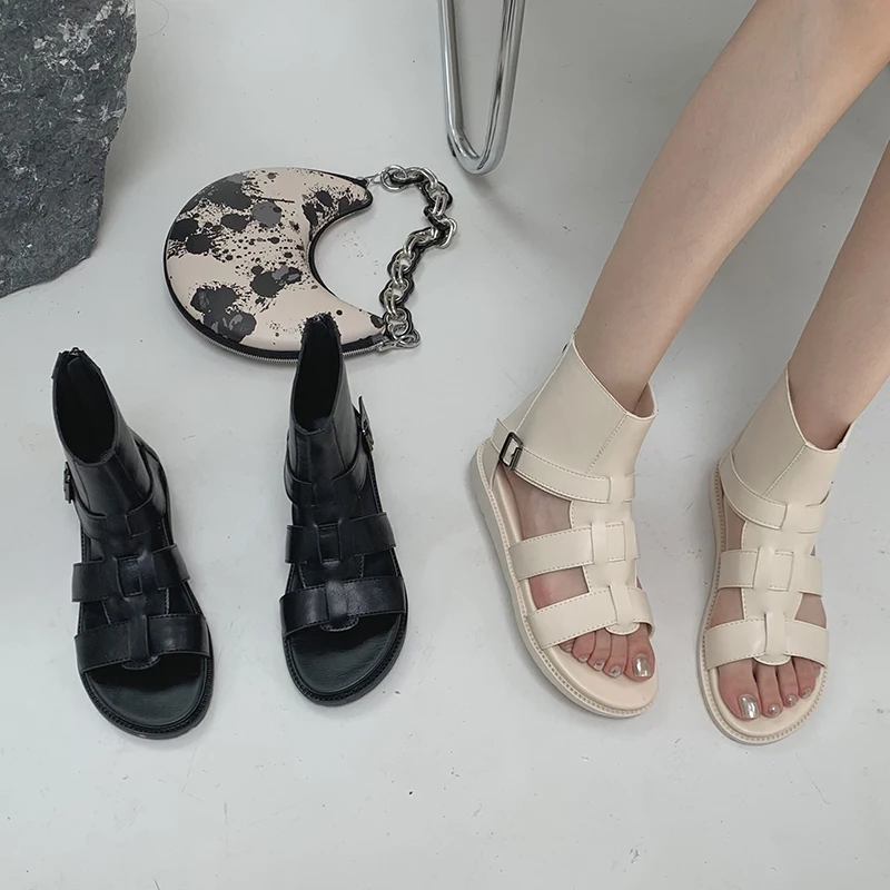 

Sandals Roman Shoes For Women Boots Peep Toe Female Casual Outside Ankle Sandal 2022 Zipper Summer Beach Gladiator Beach Flats