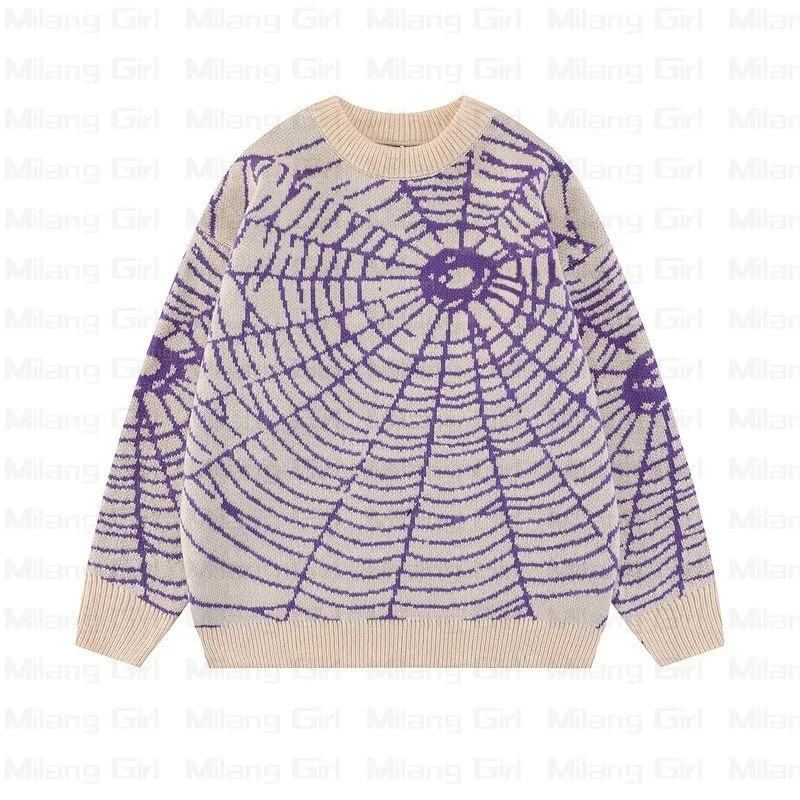 

Y2K Sprider Web Graphic Vintage Sweaters Winter Warm Pullover O-neck Unisex Harajuku Oversized Knitwear Aesthetic Men's Clothing