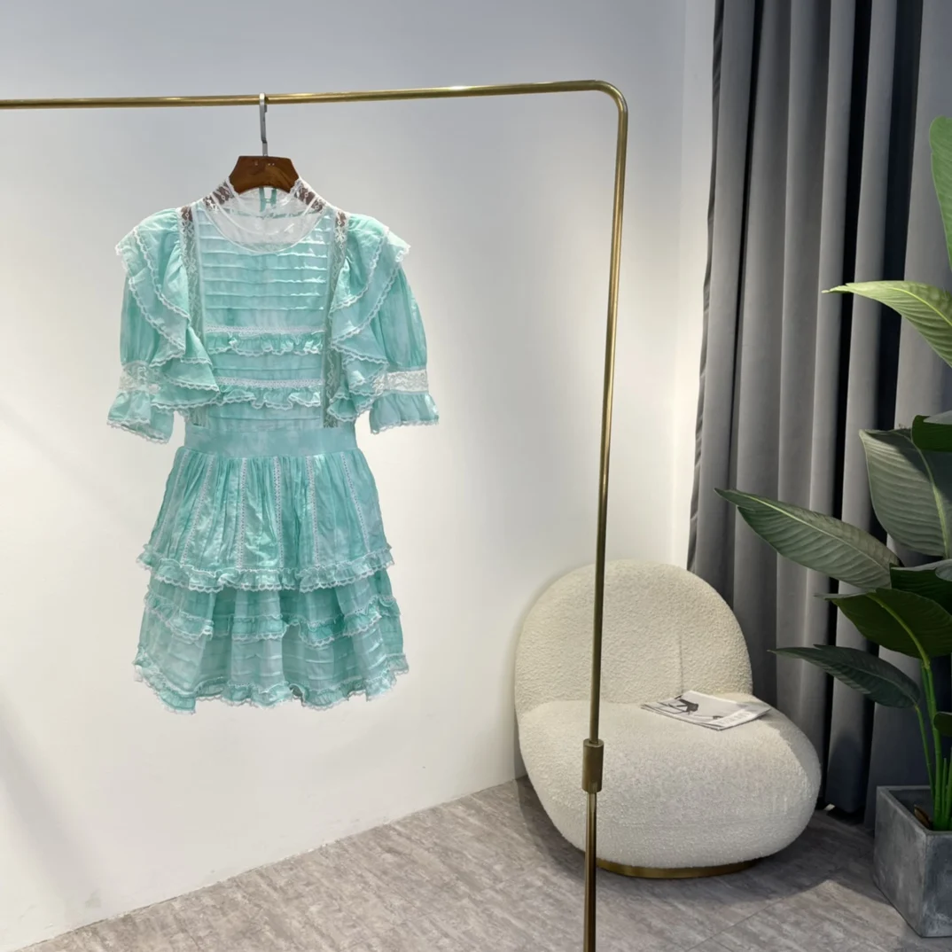 

Woman 2022 Summer Top Quality Sweet Hollow Out Lace Patchwork Cascading Ruffles Folds Back Tie Blue-green Mini Princess Dress