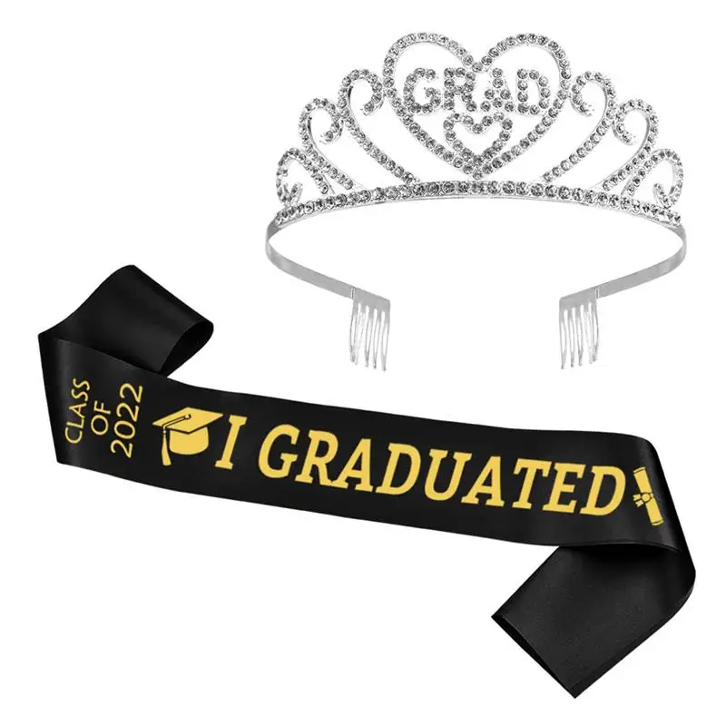 

1 set Graduated Satin Sash with Rhinestone Crown Graduation Party Decoration Photo Booth Props Class of 2022 Gradute Supplies
