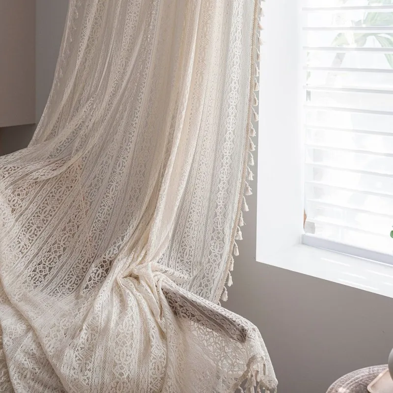 Американский стиль сельский бежевый с кисточками вязаный крючком ажурные