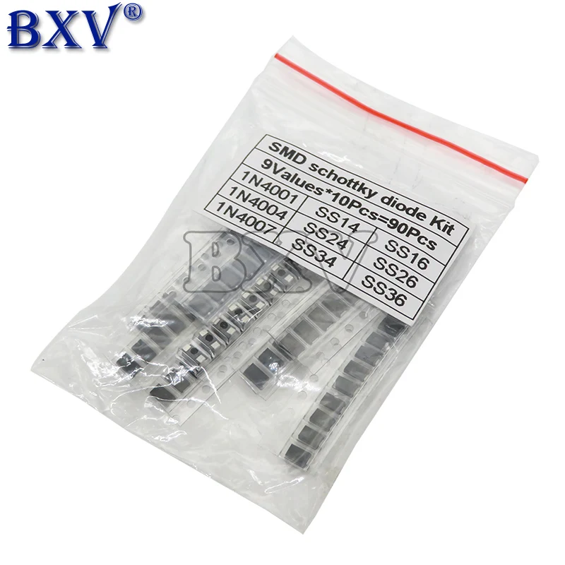 90 шт. 9 значений X 10 шт. 1N4001 1N4004 1N4007 SS14 SS24 SS34 SS16 SS26 SS36 SMD набор диодов Шоттки