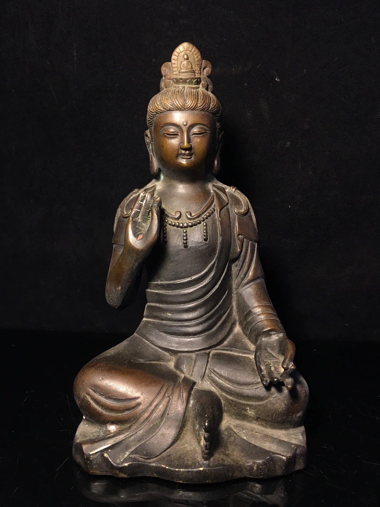 

10"Tibetan Temple Collection Old Bronze Lacquer Cinnabar Guanyin Bodhisattva Sitting Buddha Worship Hall Town House Exorcism