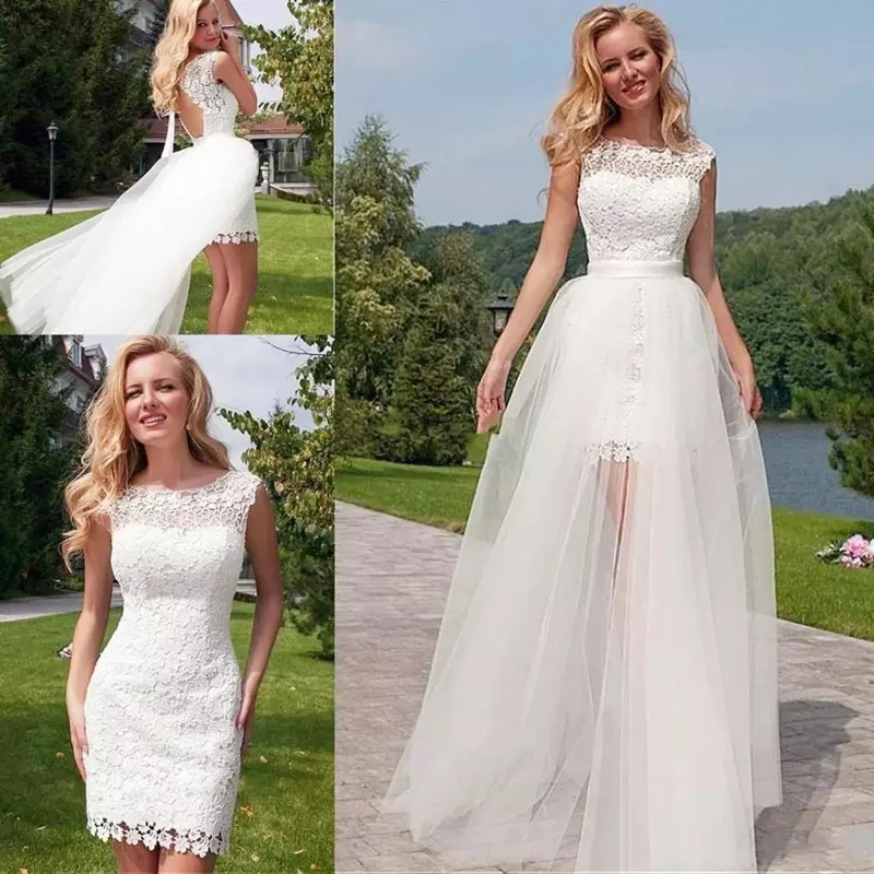 

Short Lace Tulle Wedding Dresses With Detachable Skirt O-Neck Lace Appliques A-line Bridal Gown For Women Open Back 2022 vestido
