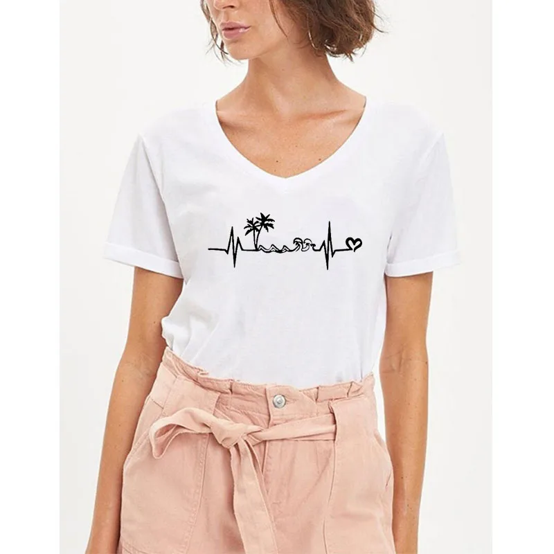 

Rheaclot Beach Heartbeat Women's Summer Tops Graphic T-shirt V-Neck Tee