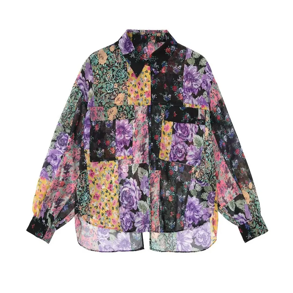 

Autumn and winter new fashion women's casual lapel long-sleeved back opening lace-up design flower print shirt