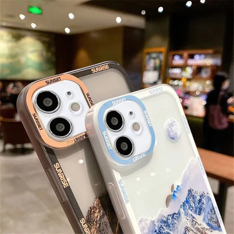 snow mountain sunset phone case for iphone 13 12 mini 11 pro max xr x xs max 7 8 plus soft shockproof bumper clear back cover free global shipping