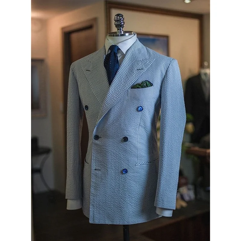 Blue Men Coat Suit One Piece Blazer Tuxedo Jacket Double Breasted Pinstripe Wedding Groom Formal Work Wear Party Causal Tailored