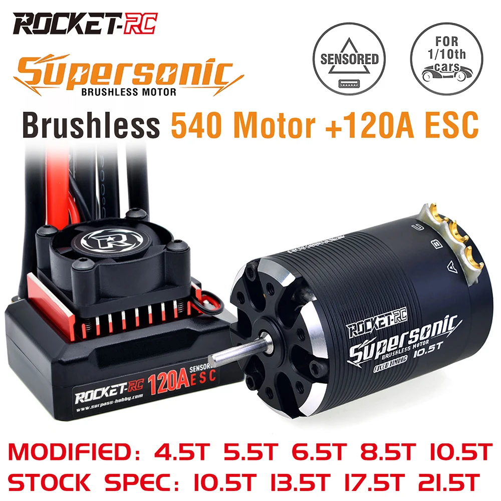 

Rocket-RC Supersonic Sensored Brushless 540 4.5T 5.5T 6.5T 8.5T 10.5T 13.5T 17.5T 21.5T Motor and 120A ESC Combo for 1/10 RC Car
