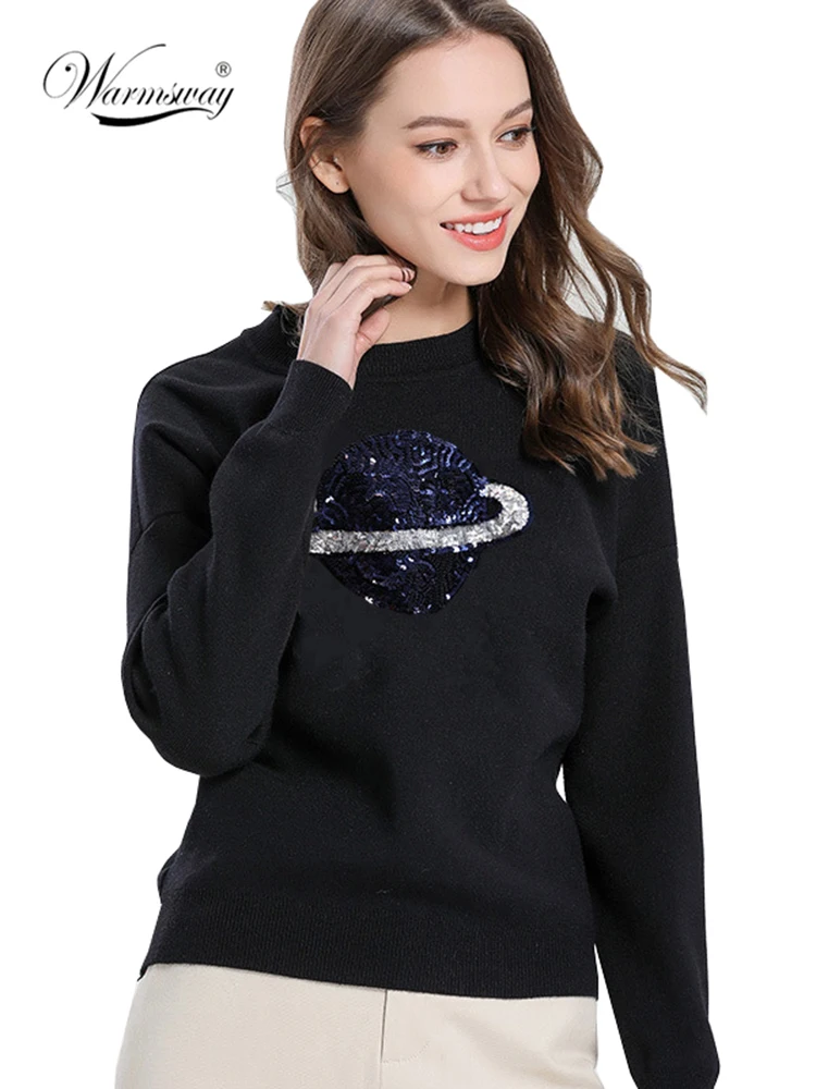 

2022 Halajuku Viscose Blend Planet Sequined Beading Pullover Sweater Slim Fitted Pull Femme Causal Long Sleeve Female Tops C-125