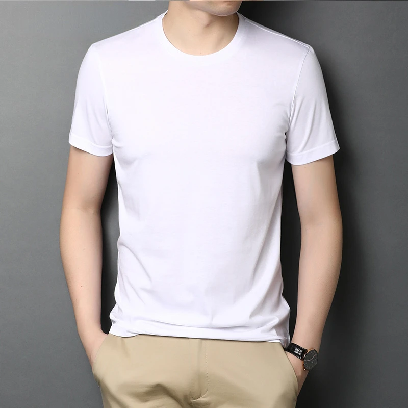 

High end mulberry silk Cotton T-shirt Korean Fashion Men's Clothing Short Sleeve Printing Tops O Neck High-quality Pure Color