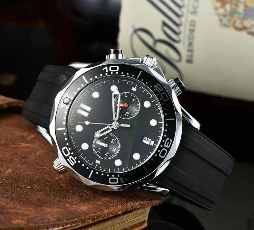 

Mens OM Watch Automatic Mechanical Rubber Bracelet 42mm Wavy Design Dial Automatic Calendar Display Glide Lock Ceramic Bezel