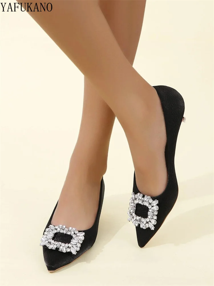 

Rhinestone Square Buckle High Heels Womens Pumps Pointed Toe Stiletto Shallow Mouth Temperament Black Low Heeled Work Shoes