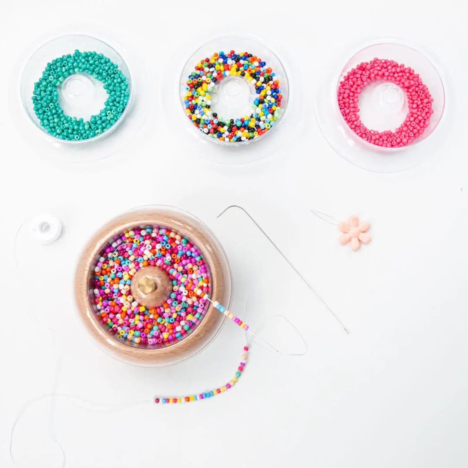 

Wooden with 2 Bead Needles Durable Quickly Stringing for Arts Crafts Sewing DIY with Wooden Lids Bead Spinner Bowl Bead Spinner