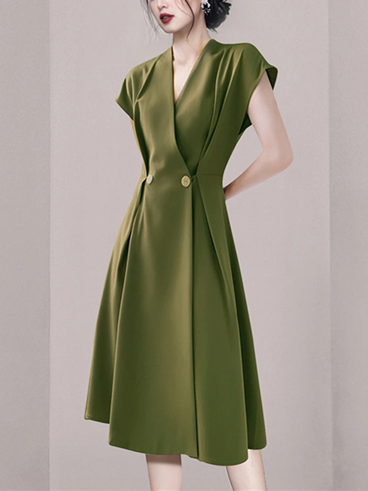 Женское Деловое платье с V-образным вырезом зеленое облегающее платье-трапеция