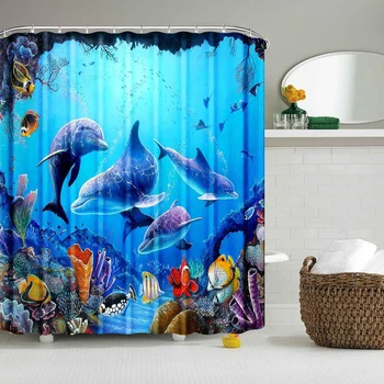 Dolphin Shower Curtain Blue Underwater World Marine Life Polyester Fabric Kids Ocean Theme Bathroom Decor Set with 12 Hooks