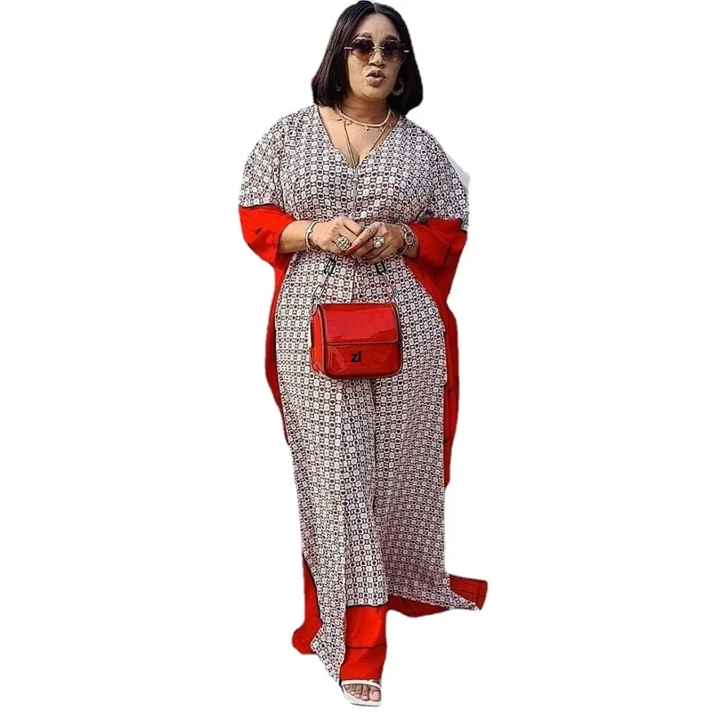 

2 Piece Set Women Africa Clothes 2022 African Dashiki New Fashion Two Piece Suit Long Tops + Wide Pants Party Big Size For Lady