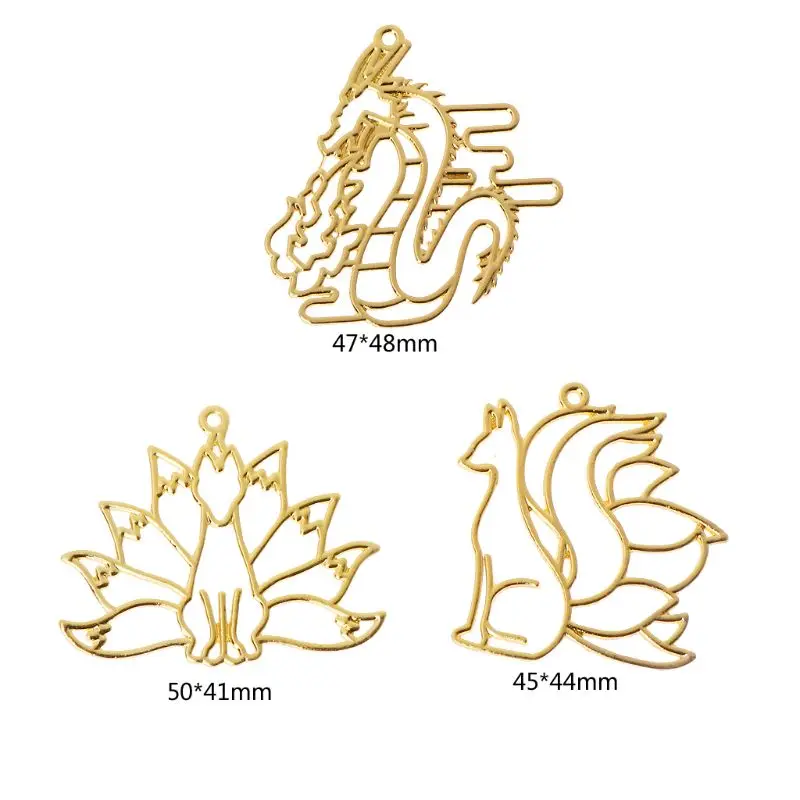 

517F 3Pcs Foxes Dragon Open Bezel Charm Metal Frame Hollow Pendant UV Resin Jewelry
