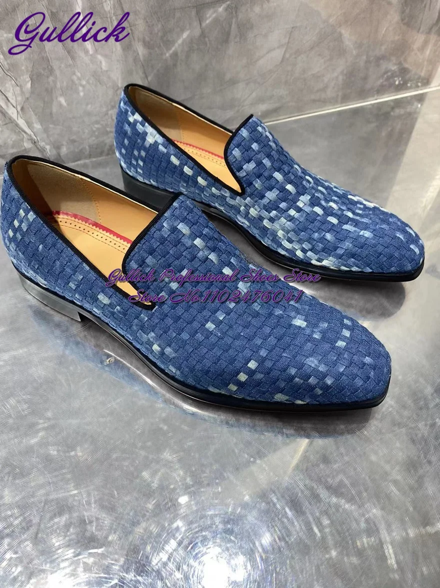 Туфли Gulick мужские синие плетеные под джинсовую ткань лоферы без застежек