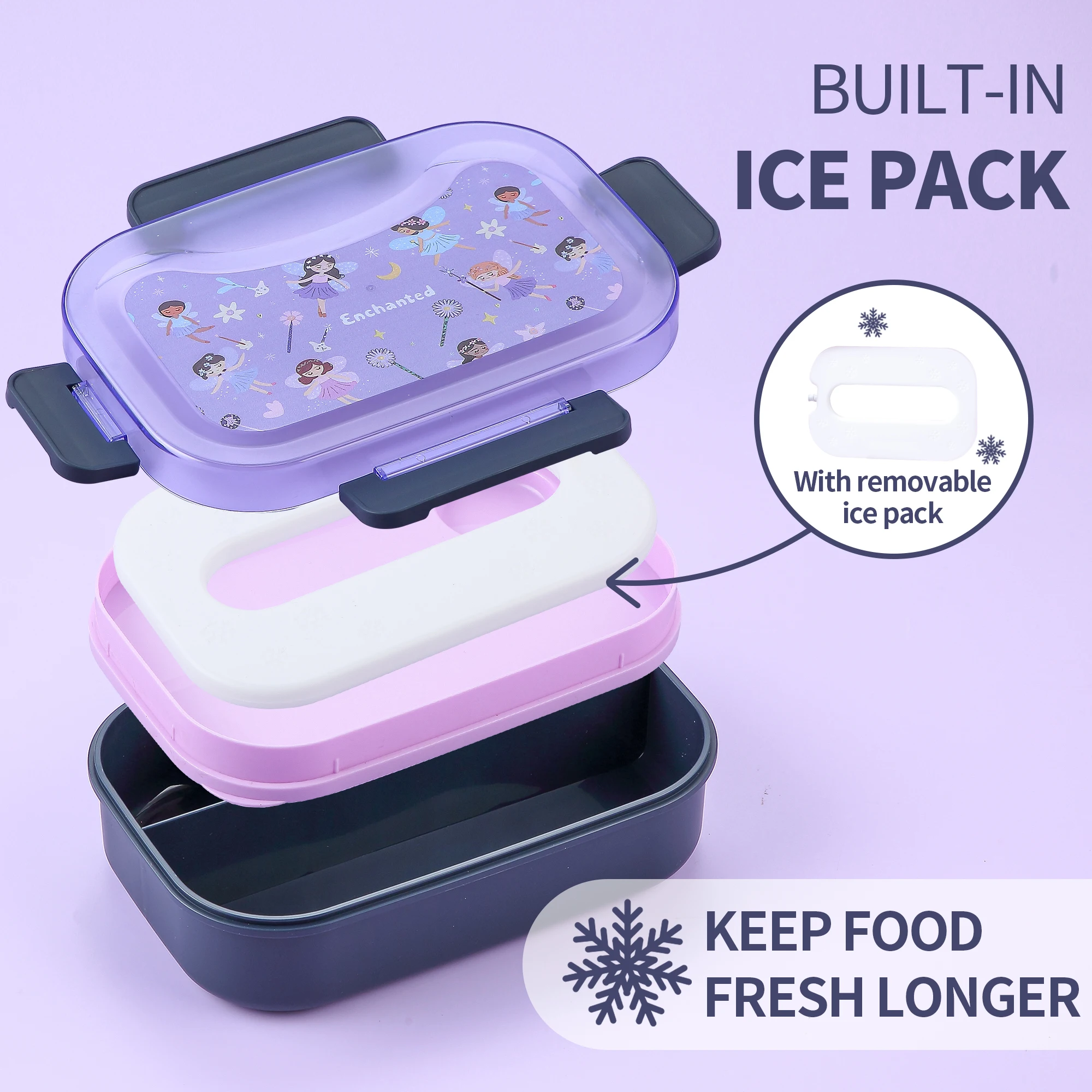 Фото Фиолетовый ланч-бокс Magic Fairy Cartoon Bento — можно мыть в посудомоечной машине и микроволновой печи, идеально подходит для девочек и детей, ланч-бокс для пикника на открытом воздухе №2