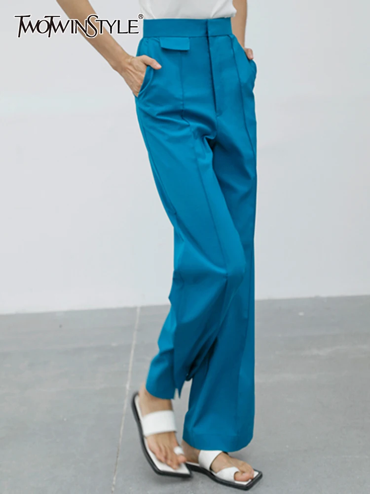 

TWOTWINSTYLE Korean Style Solid Long Pants For Women High Waist Patchwork Pockets Loose Straight Pant Female 2022 Clothing Style