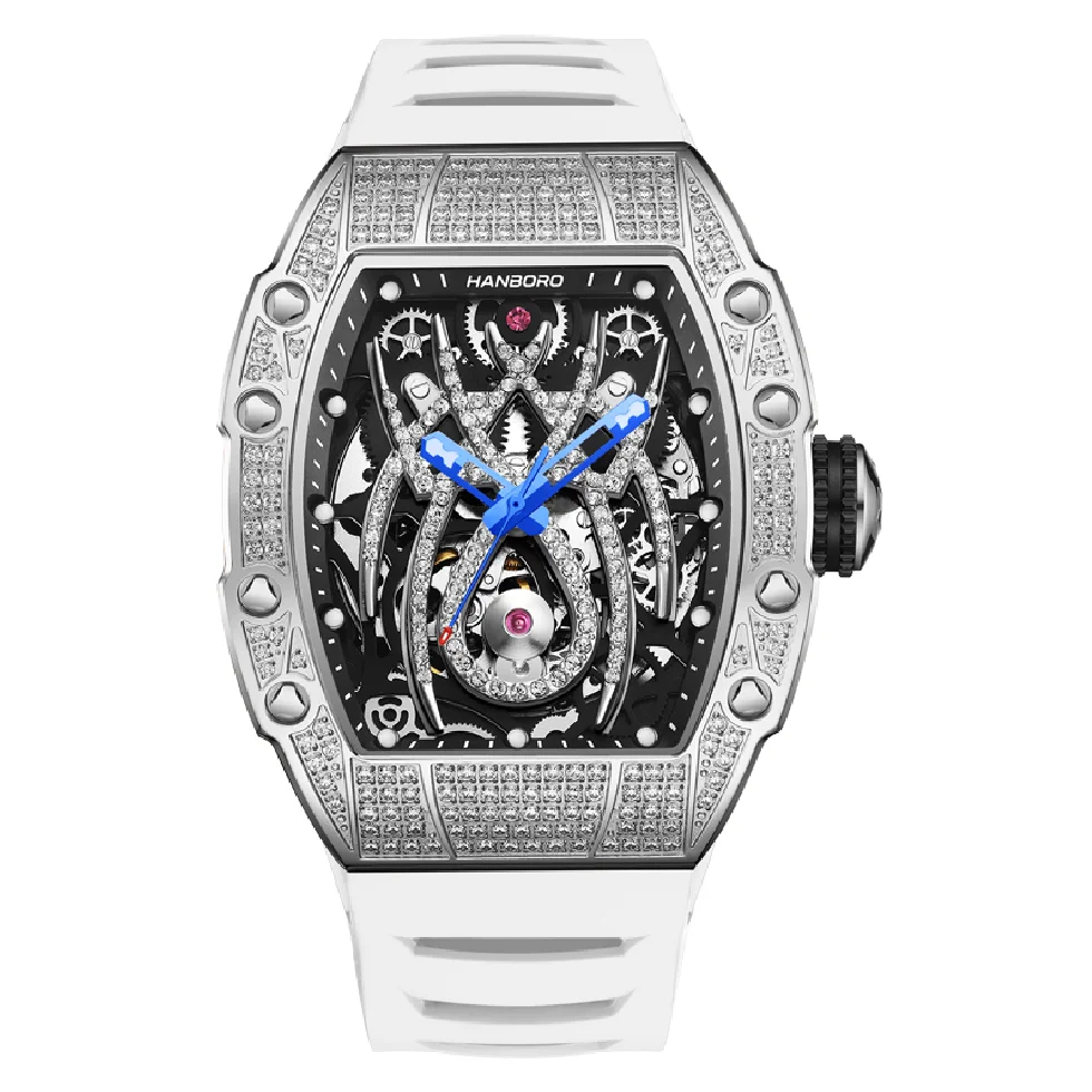 

HANBORO Men Automatic Watch Luxury Watches Mechanical Wristwatch Luminous Skeleton Tonneau Case Waterproof Rubber Strap Crystal