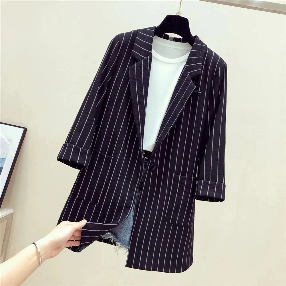 Black White Striped Thin Loose Blazer Women Summer Fashion Casual Single Button Classic Midi Suit Jacket Big Size 4XL Blazers