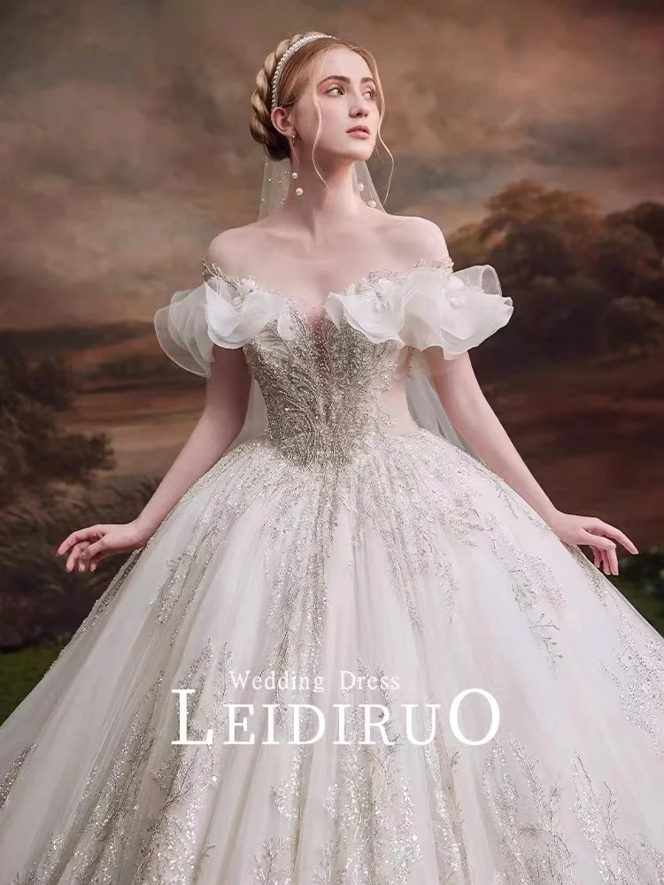 

Luxury French Wedding Dresses Sparkly Ruffle Beaded Sequins Off Shoulder Sexy Lace Up Palace Style Court Train Ball Bridal Gowns