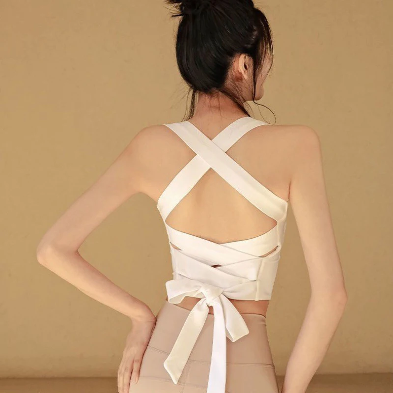 

2023 Summer Yoga Bra Woman Tie Fitness Vest with Chest Pad Sexy Cross Back Shockproof Gym Underwear
