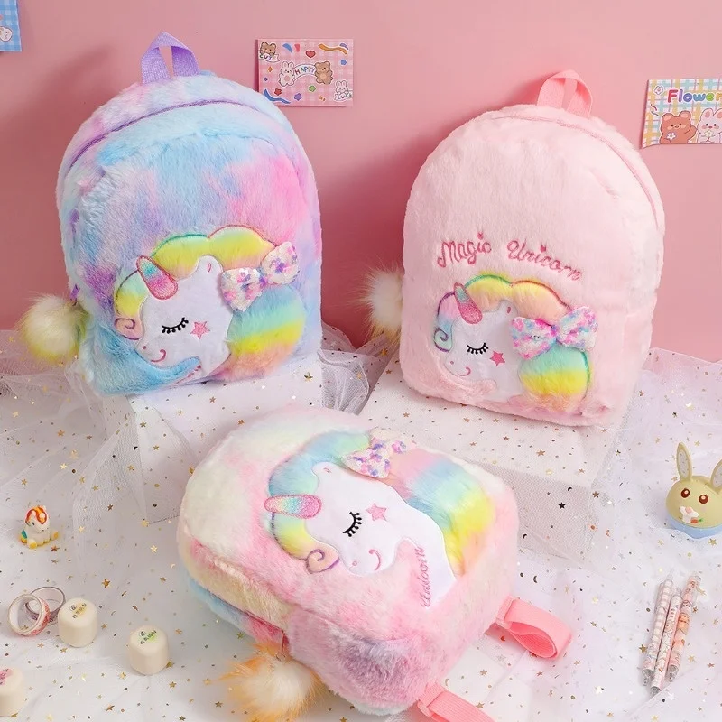 

Kindergarten School Bag Tie-dye Cartoon Plush Backpack Cute Sequin Bow Fresh and Sweet Children's Schoolbag