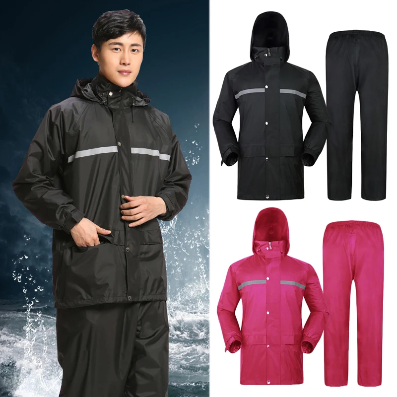 

1 Set Rain Suit Jacket & Trouser Suit reflective stripe Raincoat Unisex Outdoor Waterproof Anti-Storm Hooded Thicken Rain Wear