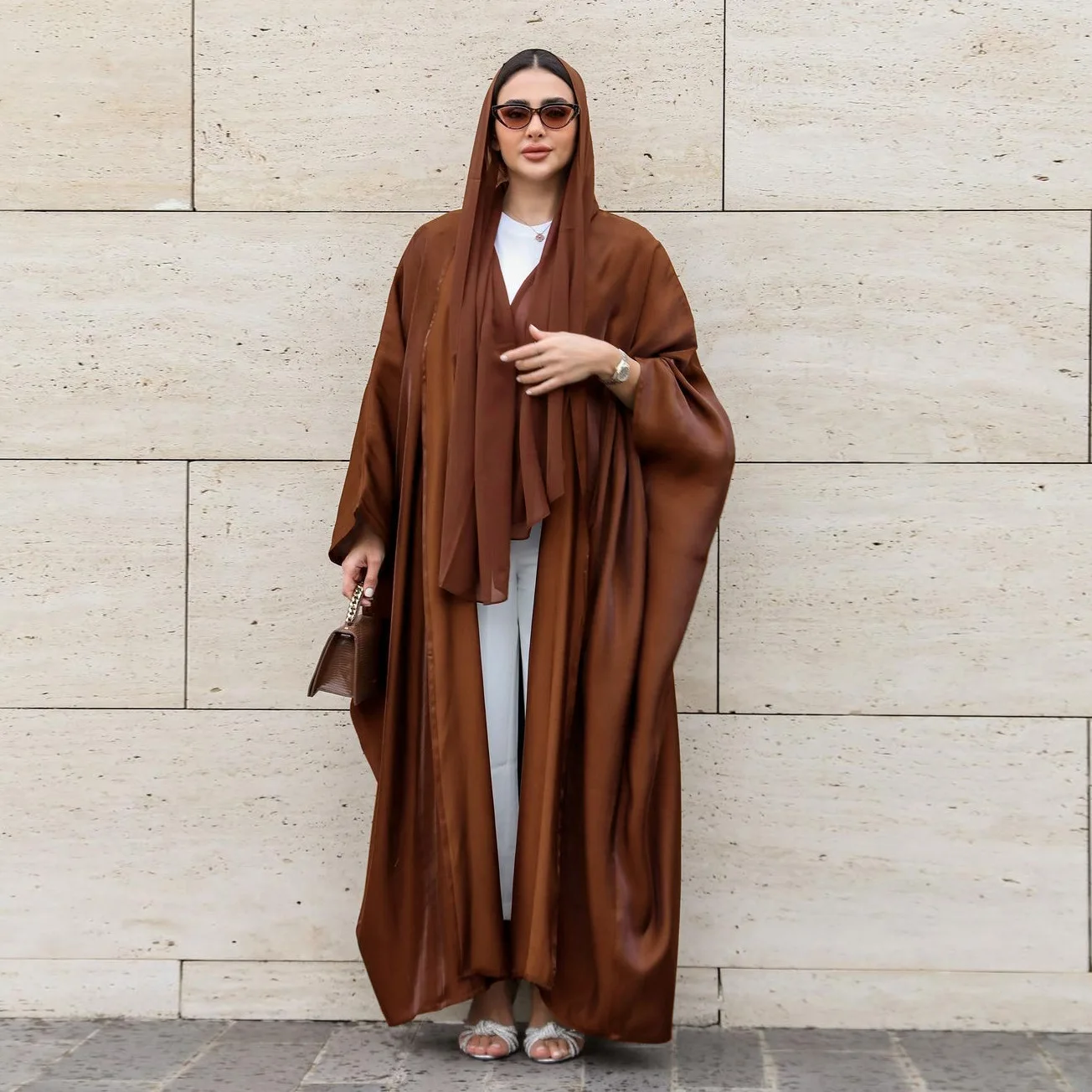 

Muslim Abaya Dress Dubai Silk Satin Solid Batwing Sleeve Moroccan Kaftan Casual Loose Open Abaya Kimono Turkish Islamic Clothing