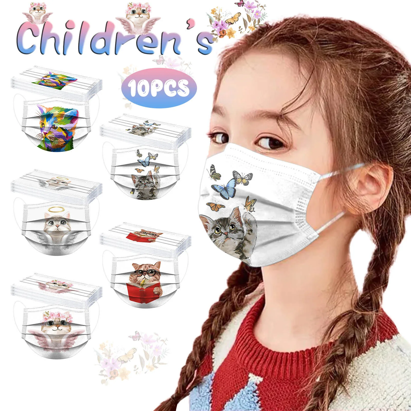

10PC Disposable Kids Mask Cat Print Ultrathin Non Woven Children's Face Mask 3Ply Ear Loop Fashion Ultrathin Girls Boys Mask
