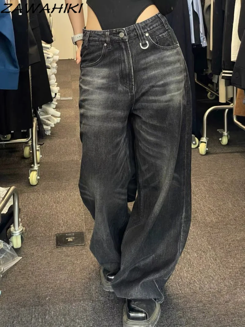 

Dark Grey Women's Straight Jeans High Waist Harajuku Streetwear Vintage Pants Chic Design Casual Women Denim Wide Leg Trouser