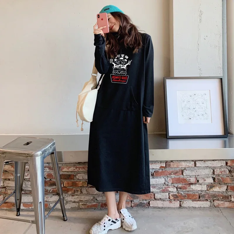 Spring Autumn Thin Printed Sweatshirt Dress Long Sleeve Pullover Hooded Loose-Fit Plus Size |