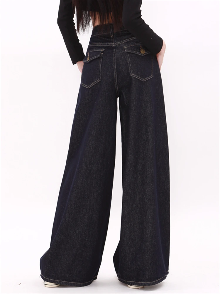 Женские темно-синие прямые джинсы с высокой талией широкая уличная одежда крутые