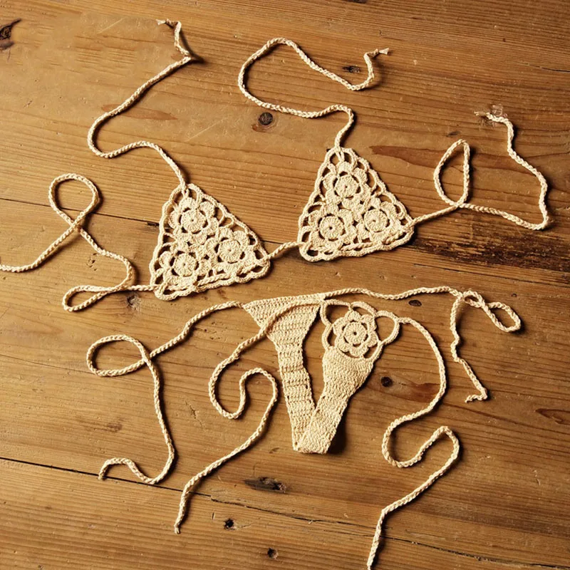 Женские сексуальные комплекты бикини ручной работы вязаные крючком Цветочные