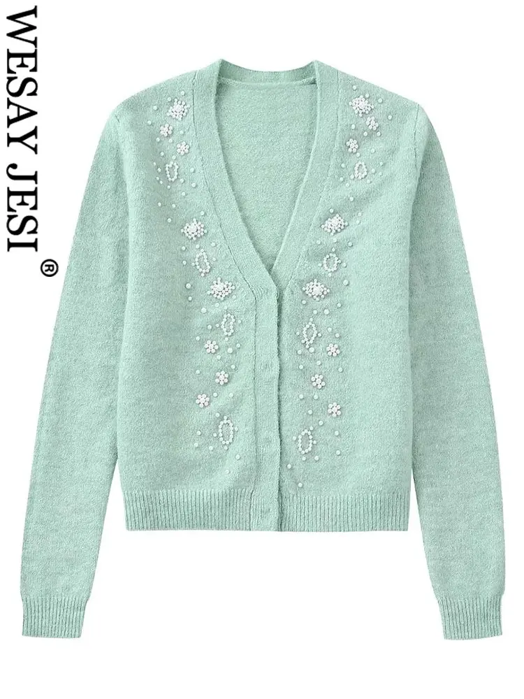 

WESAY JESI Женская мода искусственный жемчуг украшенный вязаный свитер элегантный однотонный с длинным рукавом V-образным вырезом на пуговицах ...