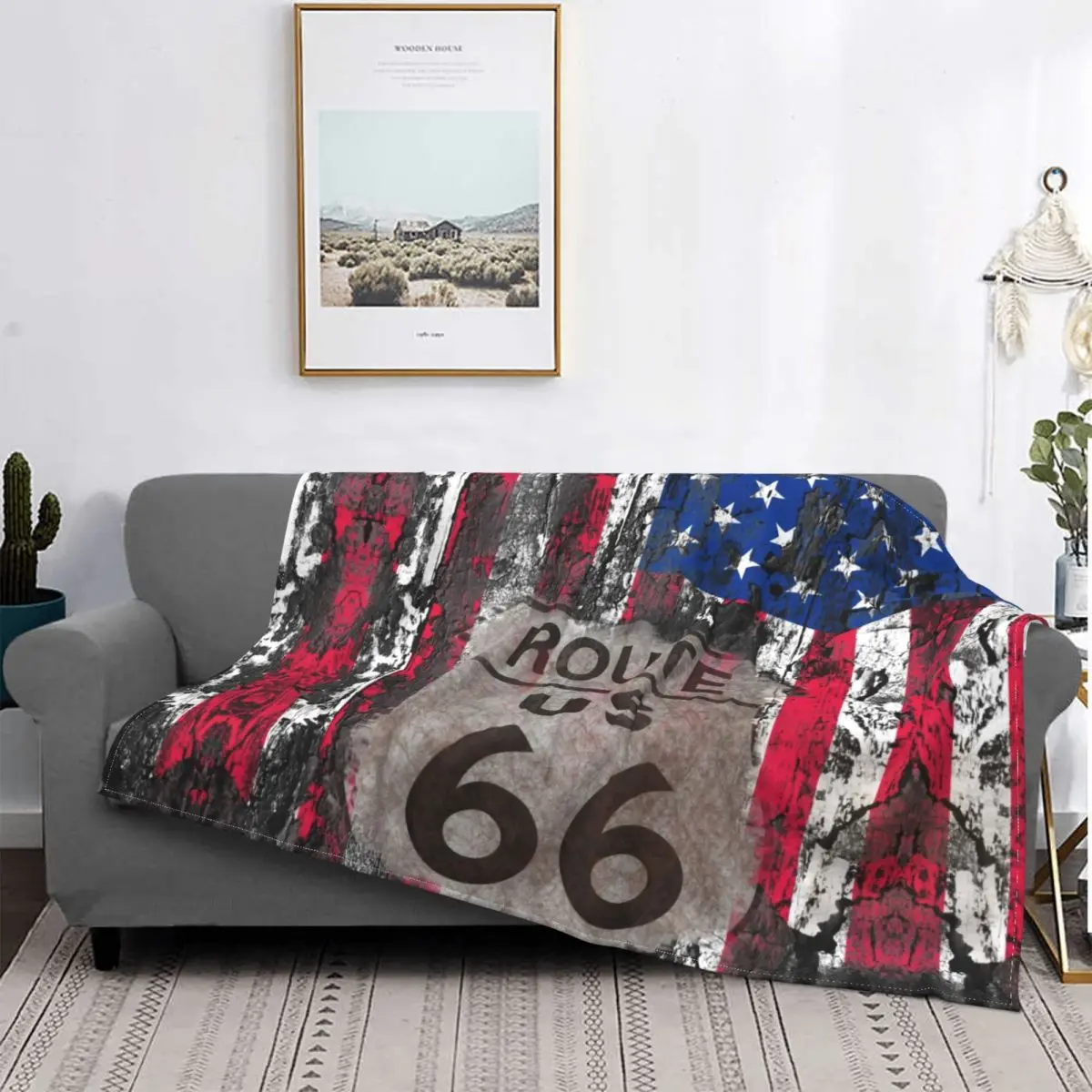 

US 66 Biker Blanket Soft Flannel Fleece Warm Route 66 America Highway Motorcycle Throw Blanket for Home Bedroom Couch Bedspreads