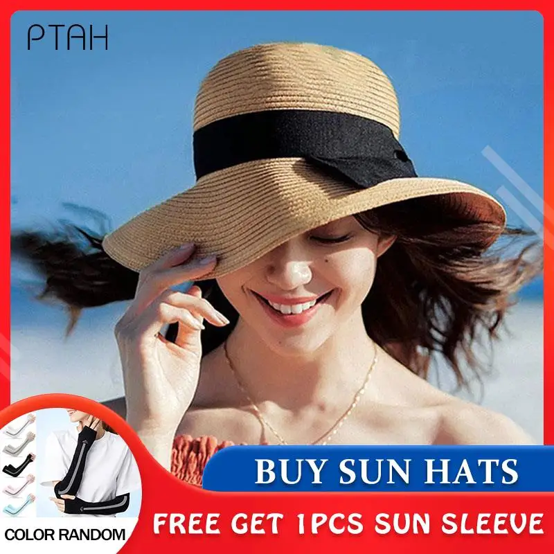 

[PTAH] Summer Sun Hats Women's UPF 50+ Wide Brim Roll-up Straw Lightweight Foldable Beach Caps Breathable Sun Protection Visors