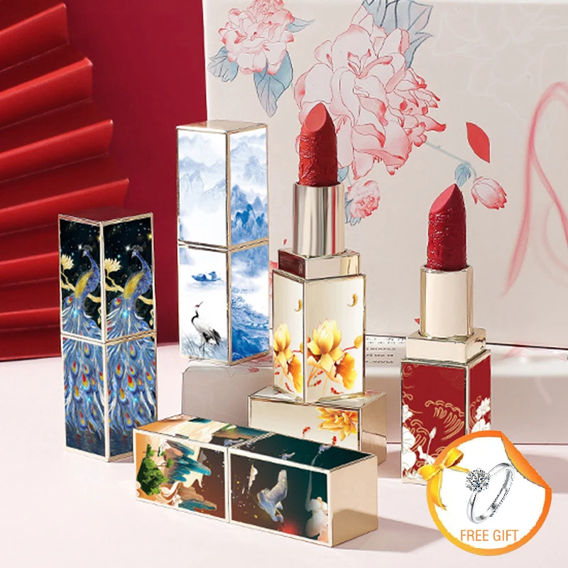 

Ethnic Style Engraved Lipstick Matte Velvet Lip Stick for Women Makeup Daily Wedding Banquet Cosmetics Gifts 5 Colors