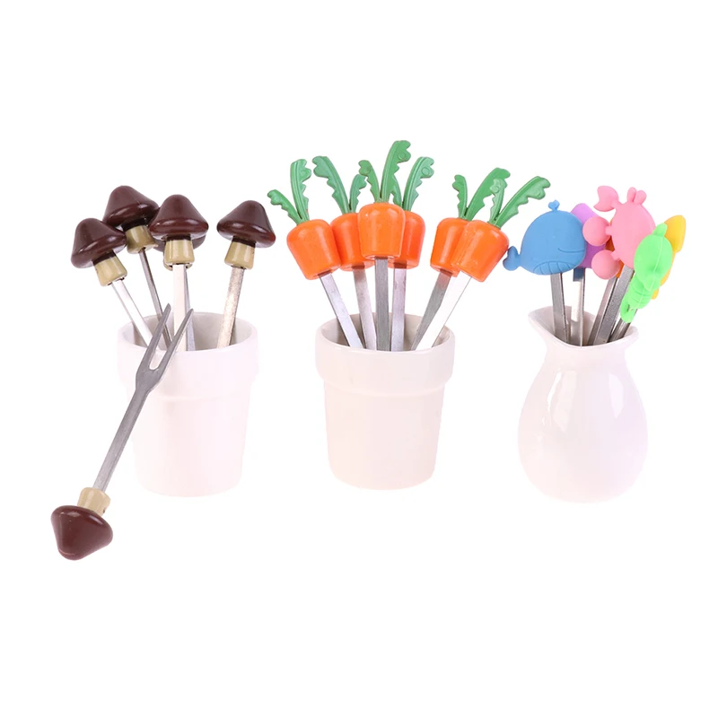 

6Pcs Cute Animal Stainless Steel Fruit Fork Carrot Mushroom Sea Organism Fork W/Storage Dessert Party Fork Sets Lunch Decor New