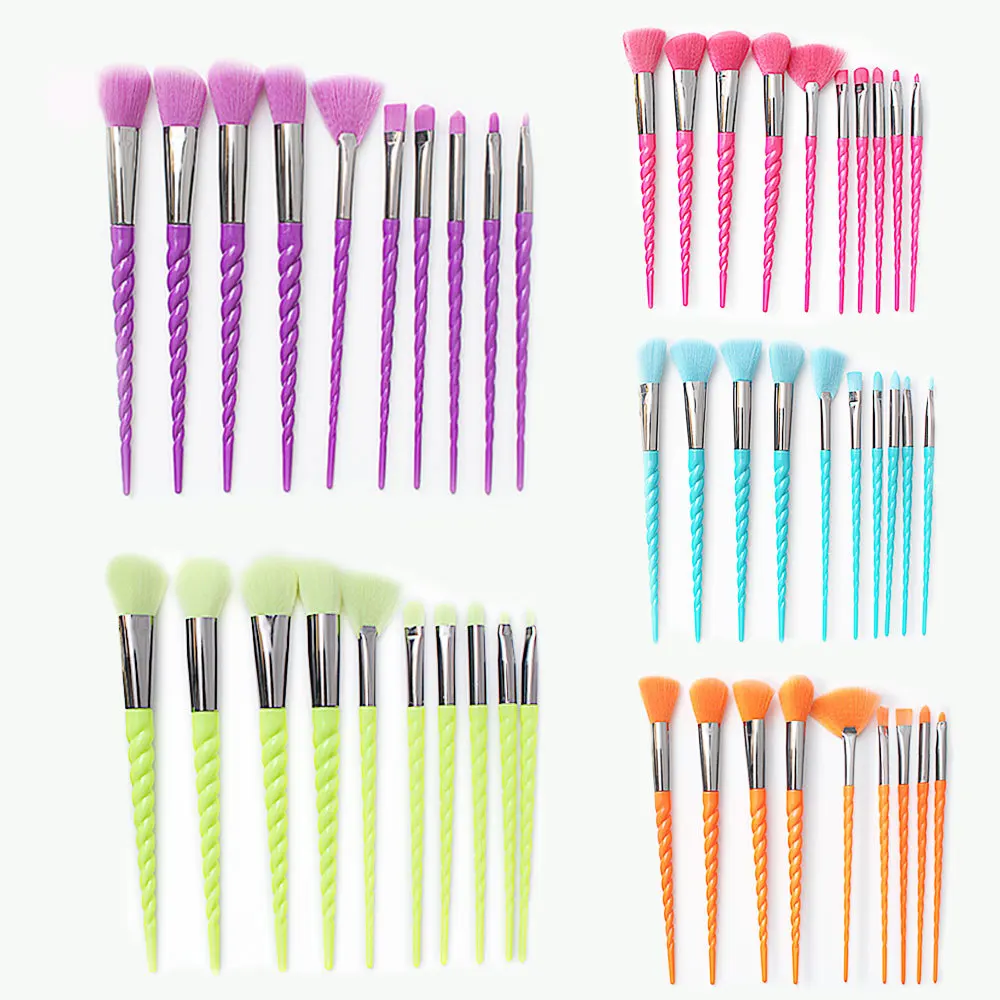 

10 Fluorescent Spiral Makeup Brushes, Unicorn Beauty Kit Complete Set Of Powder, Eye Shadow Brush Super Soft.