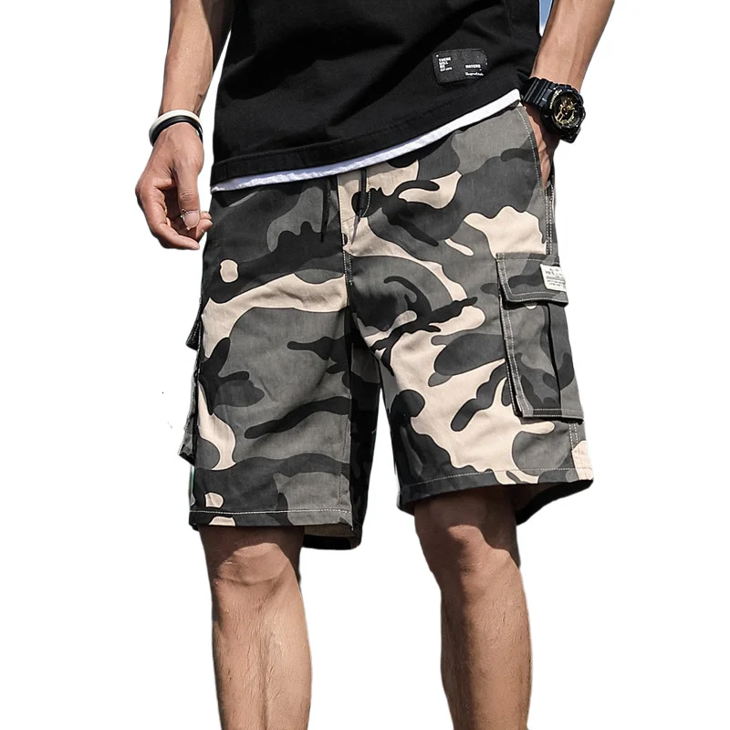 

Summer Men's Outdoor Camouflage Cargo Shorts Pocket Cotton Casual Half Pants Mid Waist Dstring Loose Shorts Bib Overalls 7XL